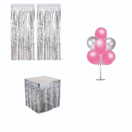 Metalize Gümüş Masa Püskülü Arka Fon Püskülü ve Gümüş Pembe Balon Standı