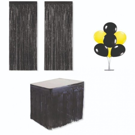 Metalize Siyah Masa Püskülü Arka Fon Püskülü ve Sarı Siyah Balon Standı