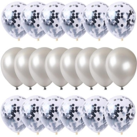 20 li Siyah Konfetili Gümüş Balon Seti