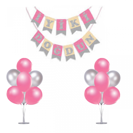 7 li Balon  Demeti İyi ki Doğdun 2 li Pembe Balon