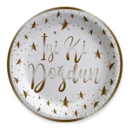 Gold Yaldızlı İyi ki Doğdun Baskılı Beyaz Tabak