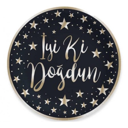 Gold Yaldızlı İyi ki Doğdun Baskılı Siyah Tabak