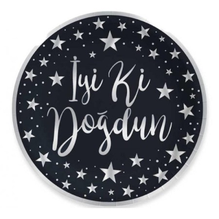 Gümüş Yaldızlı İyi ki Doğdun Baskılı Siyah Tabak
