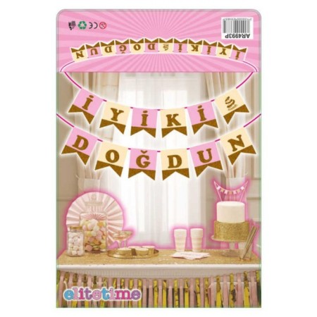 Pembe Üzer Gold Simli İyi ki Doğdun Banner