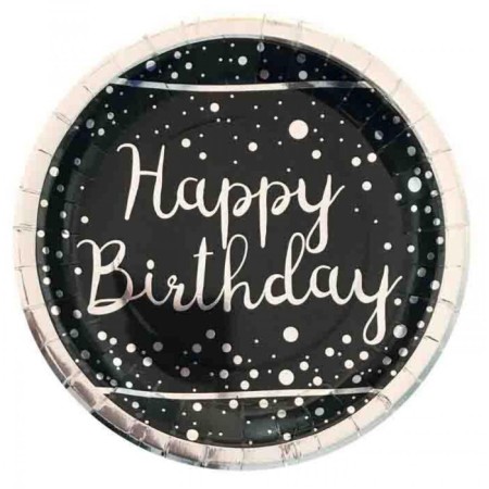 Gümüş Happy Bırthday Varak Baskılı Siyah Tabak