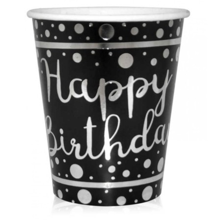 Gümüş Happy Bırthday Varak Baskılı Siyah Karton Bardak