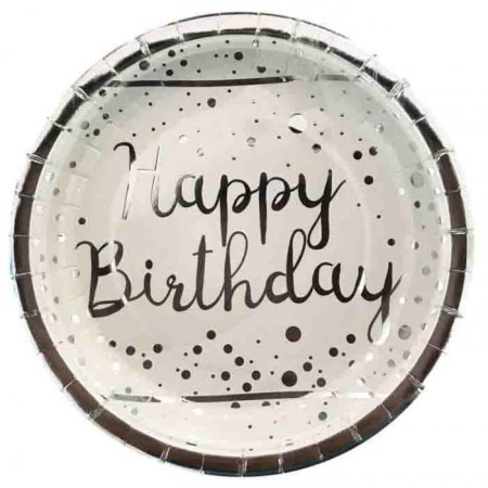 Gümüş Happy Bırthday Varak Baskılı Beyaz Tabak