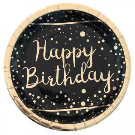 Gold Happy Bırthday Varak Baskılı Siyah Tabak