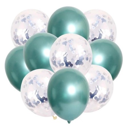 10 lu Gümüş Konfetili Yeşil Krom Balon Seti