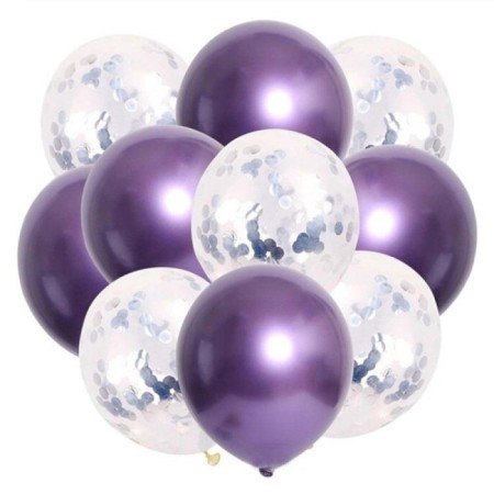 10 lu Gümüş Konfetili Krom Mor Balon Seti