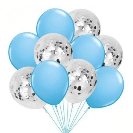10 lu Gümüş Konfetili Mavi Balon Seti