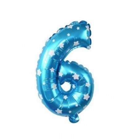 6 Rakam Mavi Yıldızlı Folyo Balon