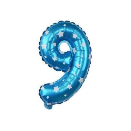 9 Rakam Mavi Yıldızlı Folyo Balon