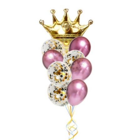 Krom Pembe Gold Konfetili Taç Folyo Balon Seti