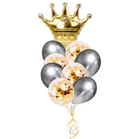 Krom Gümüş Gold Konfetili Taç Folyo Balon Seti