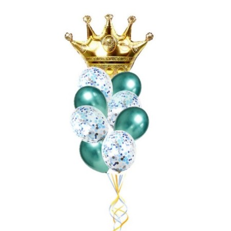 Krom Yeşil Mavi Konfetili Taç Folyo Balon Seti