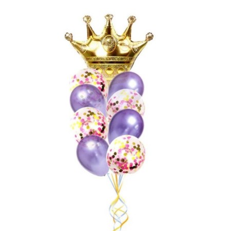 Krom Mor Karışık Konfetili Taç Folyo Balon Seti