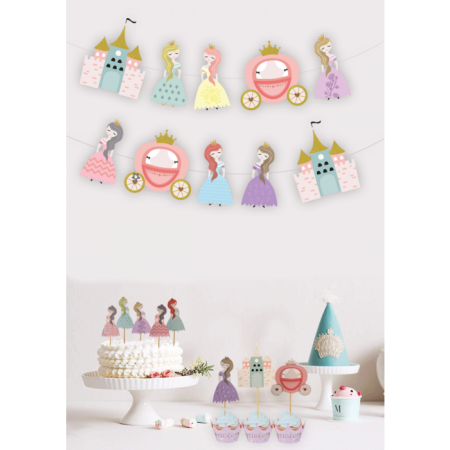 Prensesler Temalı Şatolu Arabalı Simli Banner 10 Parça