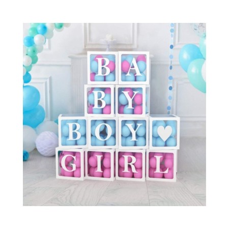 Şeffaf Kutu Baby Gırl Boy Yazılı Harf Beyaz 30 Mavi 30 Pembe Balon Hediyeli