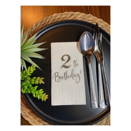 Gümüş Yaldızlı Beyaz İki Yaş Bırthday Garson Katlama Peçete 16 lı