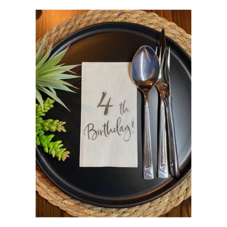 Gümüş Yaldızlı Beyaz Dört Yaş Bırthday Garson Katlama Peçete 16 lı