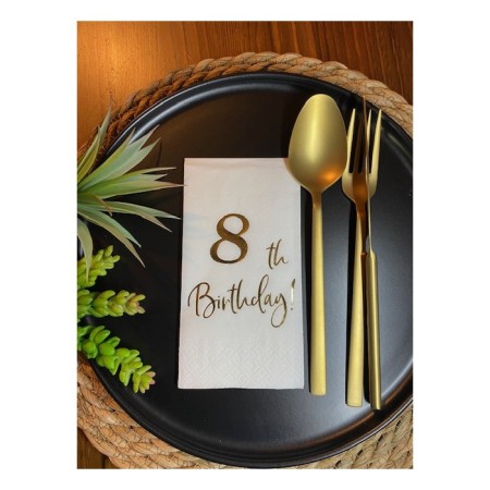 Gold Yaldızlı Beyaz Sekiz Yaş Bırthday Garson Katlama Peçete 16 lı