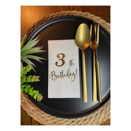 Gold Yaldızlı Beyaz Üç Yaş Bırthday Garson Katlama Peçete 16 lı