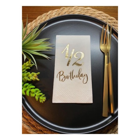Gold Yaldızlı Beyaz Yarım Yaş Bırthday Garson Katlama Peçete 16 lı