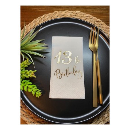 Gold Yaldızlı Beyaz On Üç Yaş Bırthday Garson Katlama Peçete 16 lı