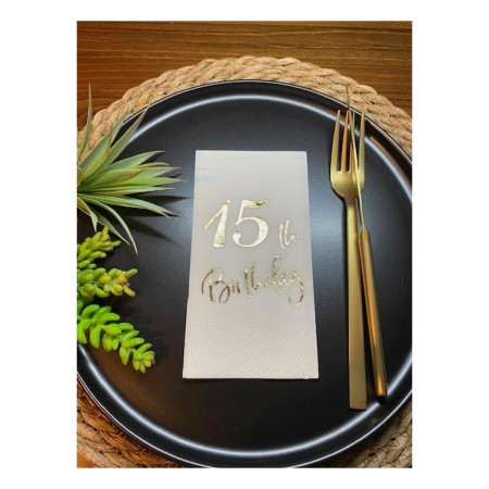 Gold Yaldızlı Beyaz On Beş Yaş Bırthday Garson Katlama Peçete 16 lı