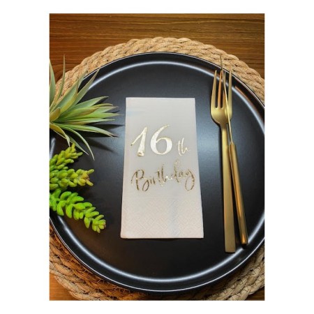 Gold Yaldızlı Beyaz On Altı Yaş Bırthday Garson Katlama Peçete 16 lı