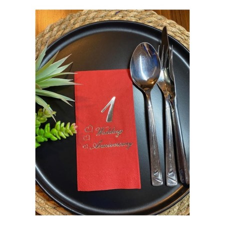 Gümüş Yaldızlı Kırmızı Birinci Evlilik Yıldönümü Garson Katlama Peçete 16 lı