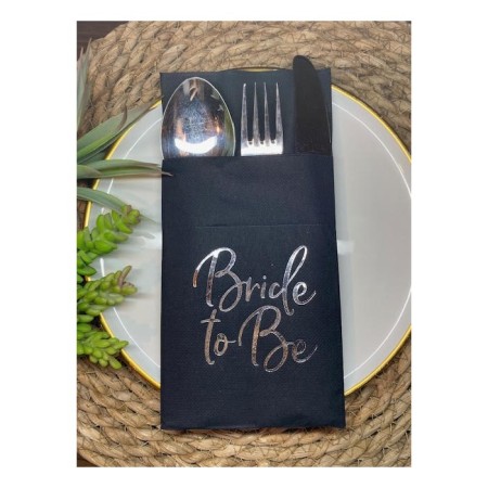 Gümüş Yaldızlı Siyah Bride To Be Cepli Aır Touch Peçete 12 lı 40x40