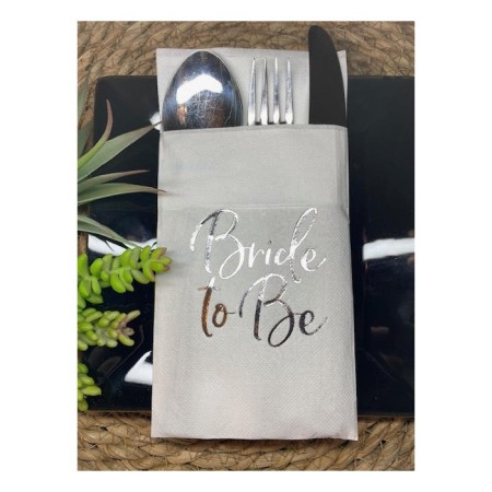 Gümüş Yaldızlı Beyaz Bride To Be Cepli Aır Touch Peçete 12 lı 40x40