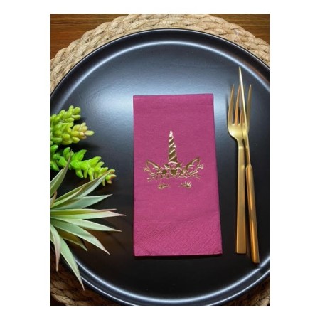 Gold Yaldızlı Bordo Unicorn Garson Katlama Peçete 16 lı