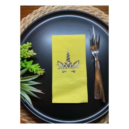 Gümüş Yaldızlı Sarı Unicorn Garson Katlama Peçete 16 lı