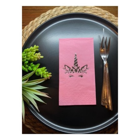 Gümüş Yaldızlı Pembe Unicorn Garson Katlama Peçete 16 lı