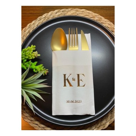 Kişiye Özel Beyaz Üzeri Gold Yaldızlı K&E Cepli Peçete 50 Adet