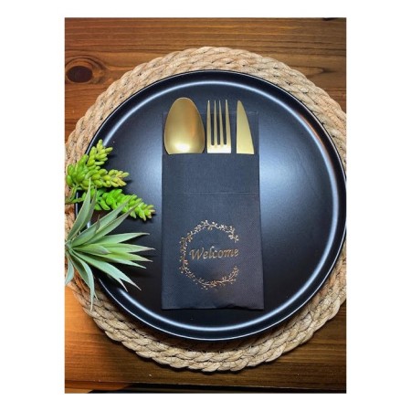 Gold Yaldızlı Siyah Welcome Cepli Peçete 12 lı 40x40