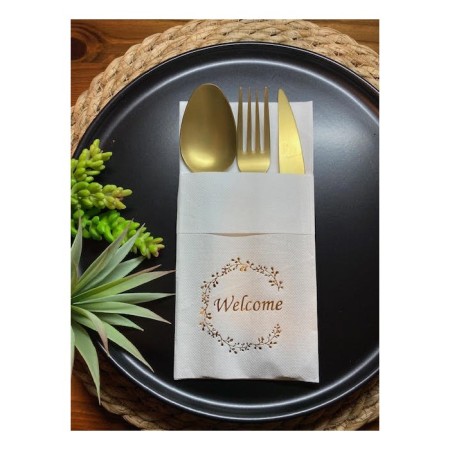 Gold Yaldızlı Beyaz Welcome Cepli Peçete 12 lı 40x40