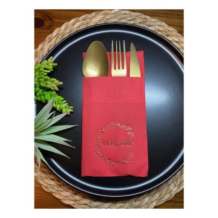 Gold Yaldızlı Kırmızı Welcome Cepli Peçete 12 lı 40x40