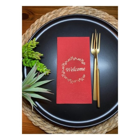 Gold Yaldızlı Kırmızı Welcome Garson Katlama Peçete 16 lı