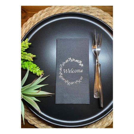 Gümüş Yaldızlı Siyah Welcome Garson Katlama Peçete 16 lı
