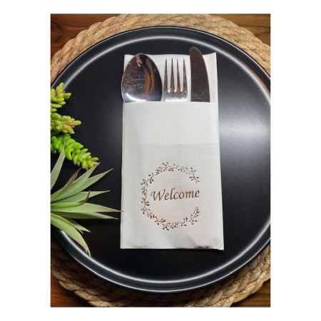 Gümüş Yaldızlı Beyaz Welcome Cepli Peçete 12 lı 40x40