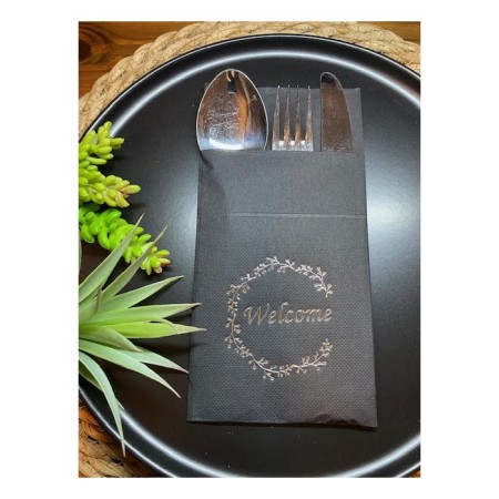 Gümüş Yaldızlı Siyah Welcome Cepli Peçete 12 lı 40x40