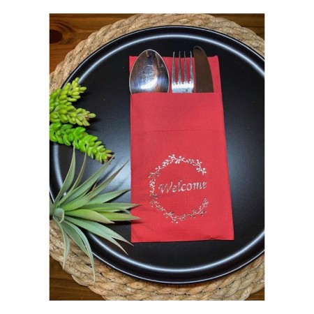 Gümüş Yaldızlı Kırmızı Welcome Cepli Peçete 12 lı 40x40