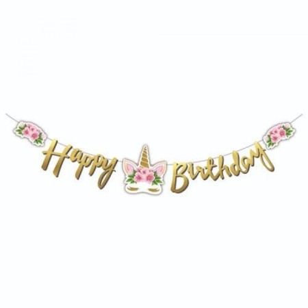 Happy Birthday Çiçekli Unicorn Kaligrafi Banner Gold