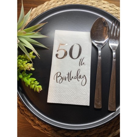 Gümüş Yaldızlı Beyaz Elli Yaş Bırthday Garson Katlama Peçete 16 lı