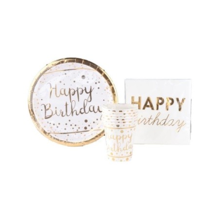 Gold Happy Bırthday Yaldızlı Baskılı Beyaz Tabak Bardak Peçete