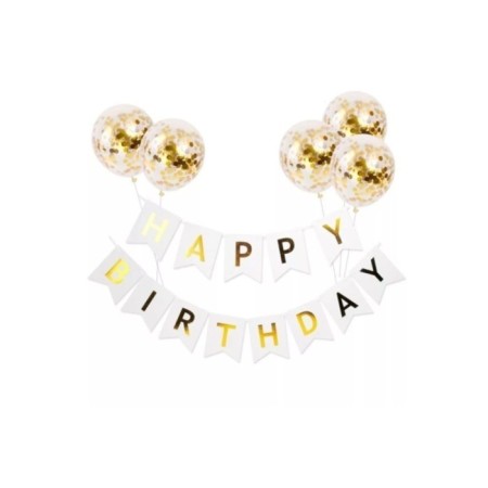 Happy Bırthday Beyaz Gold Banner Gold Konfetili Şeffaf Balon Seti